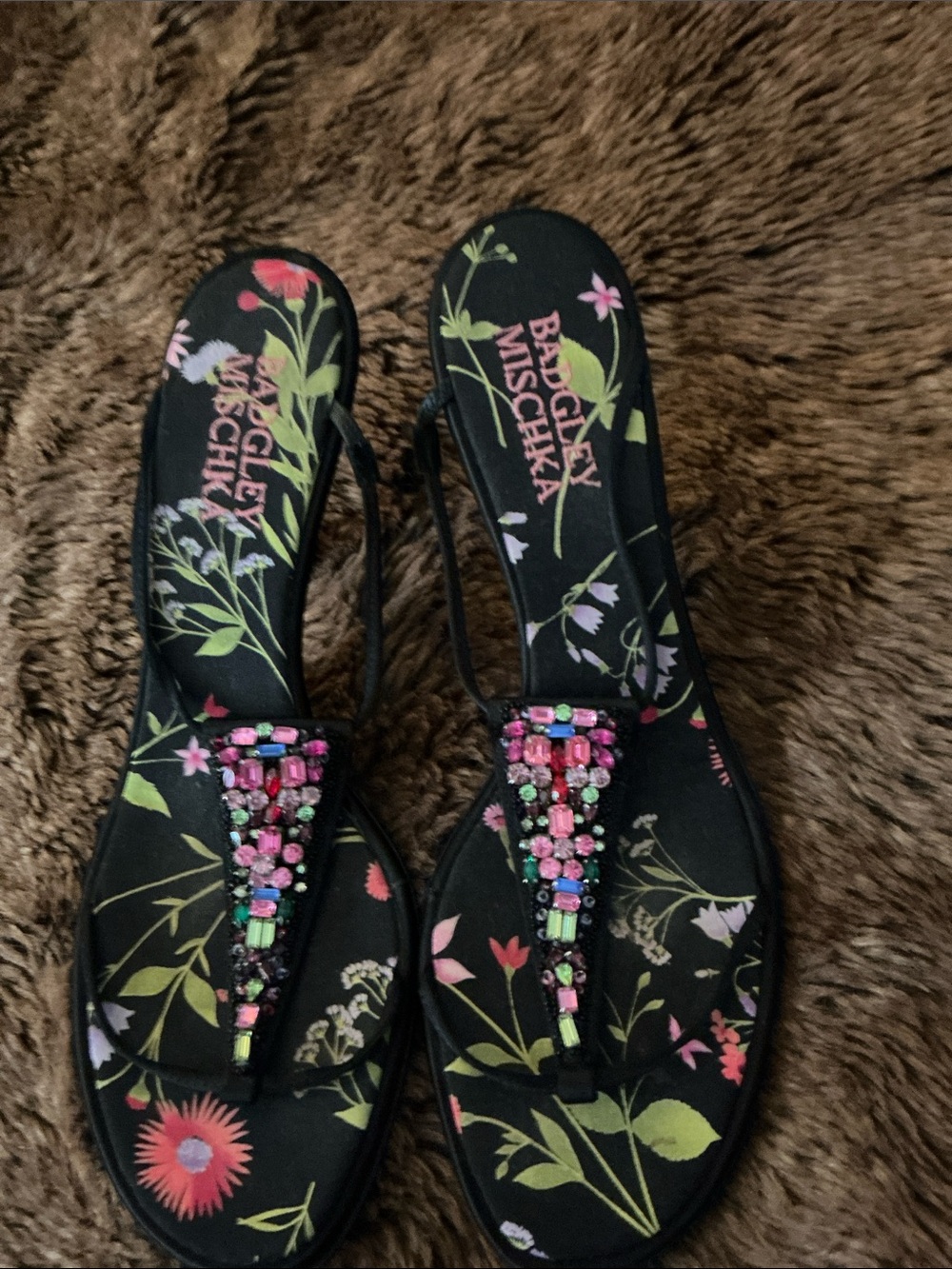 BADGLEY MISCHKA JEWELED HEELS EU 39, 8.5 9, satin, floral sole